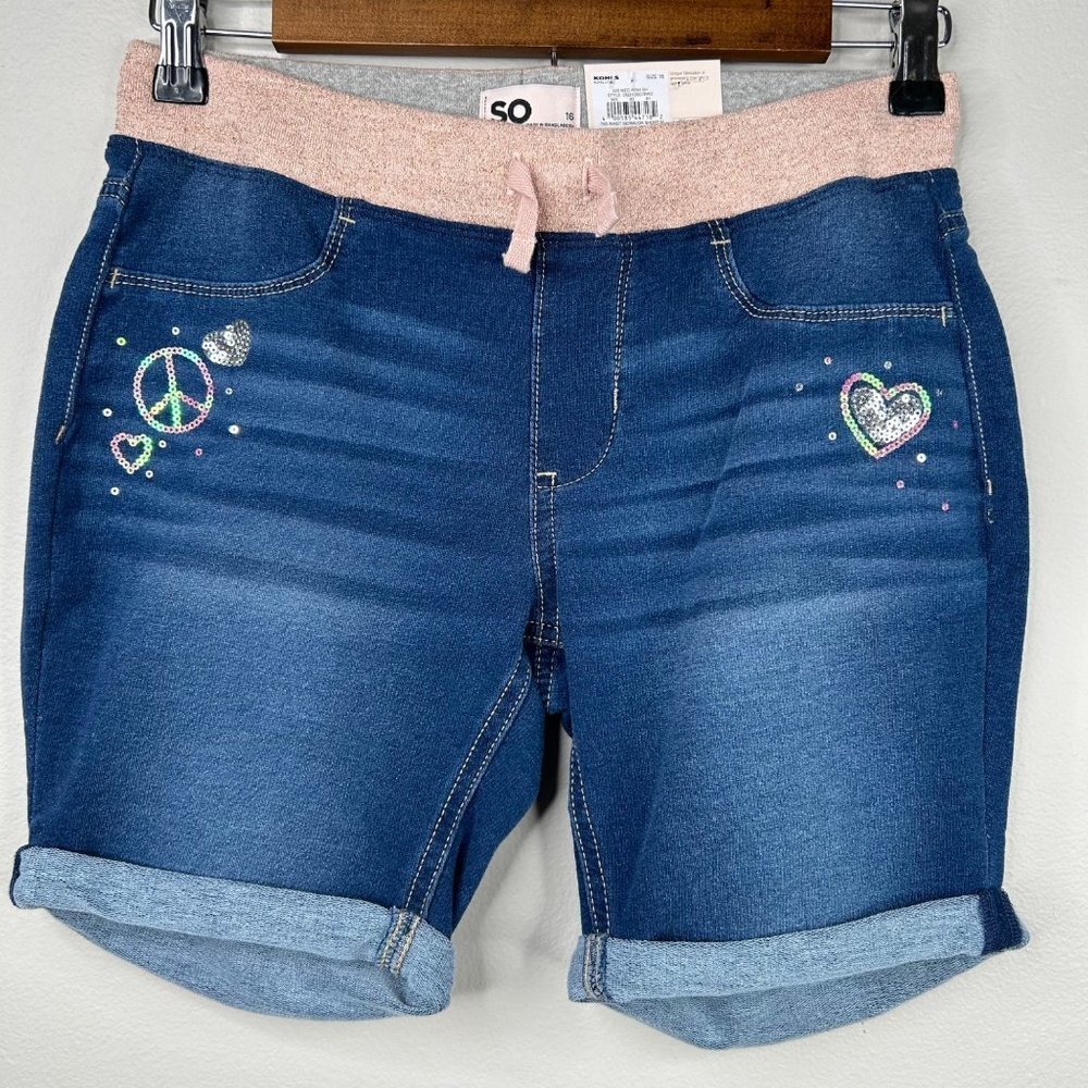 NWT girls mid rise ribbed waist Bermuda blue shorts‎ size 16